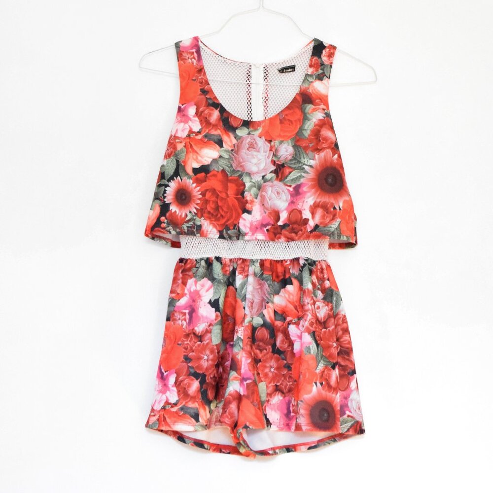 JANICE Red Floral Rose Cut-out Mesh Romper | Size Small